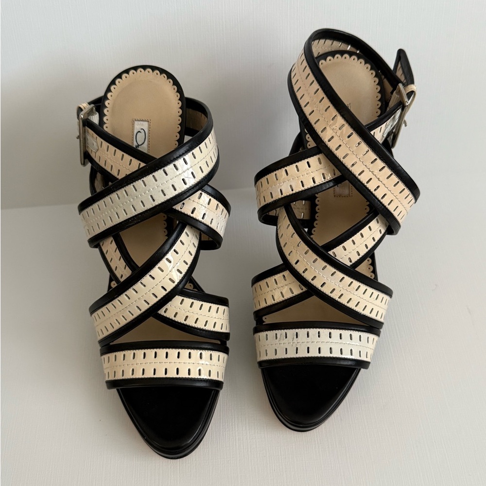 Oscar de la Renta Cream and Black Strappy Heels
